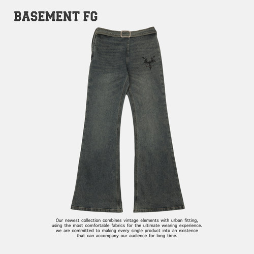 BASEMENTFG复古风高腰喇叭牛仔裤女水洗做旧微喇长裤267330004031