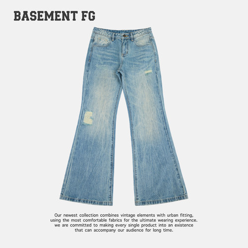 BASEMENTFG美式复古破洞微喇牛仔裤低腰修身显瘦长裤267330031031