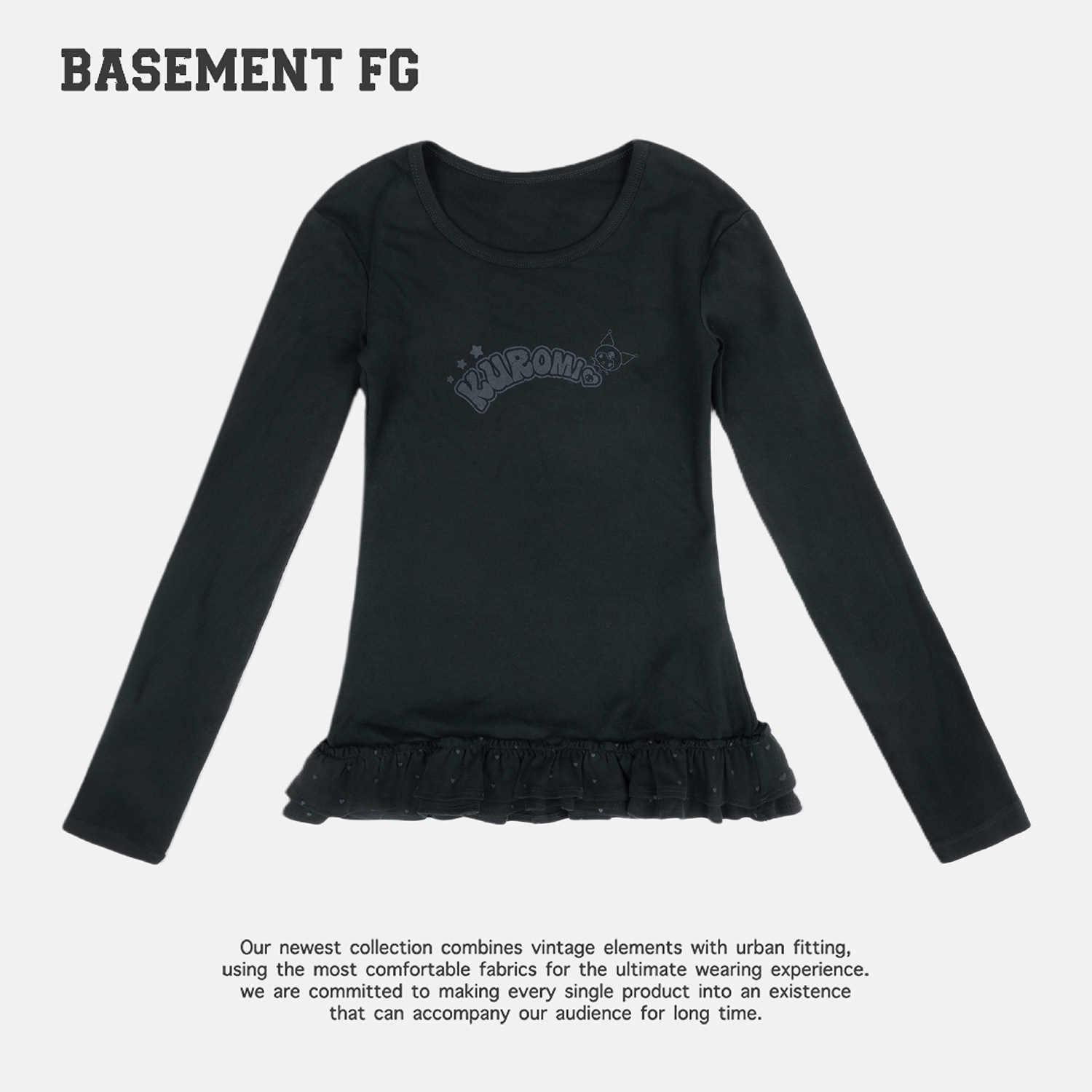 BASEMENTFG半熟少女风长袖T恤女黑色荷叶边收腰上衣261030081021