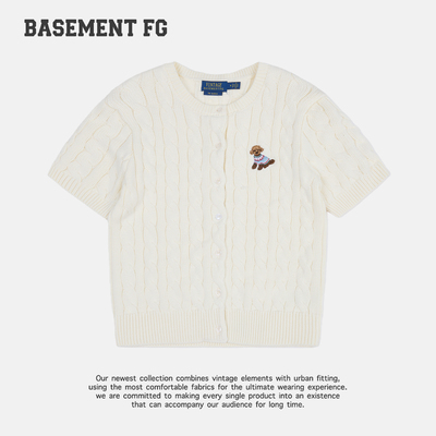 BASEMENTFG复古风麻花纹针织开衫短袖圆领纽扣毛织短袖T恤2630200