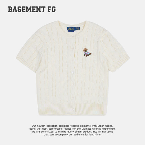 BASEMENTFG复古风麻花纹针织开衫短袖圆领纽扣毛织短袖T恤2630200