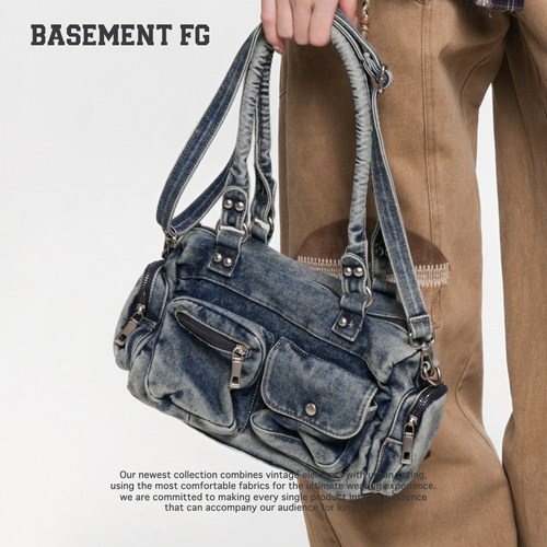 BASEMENTFG牛仔包26秋冬新款复古风做旧手提斜挎通勤包264020113