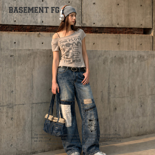 BASEMENTFG美式复古破洞水洗阔腿牛仔裤262120024072