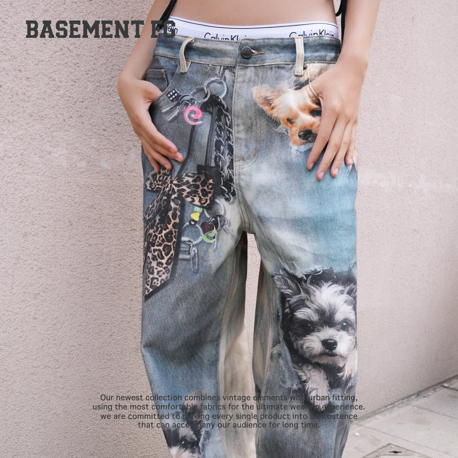BASEMENTFG印花牛仔裤女做旧水洗阔腿直筒裤街头风267330129284