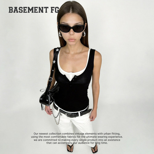 BASEMENTFG美式系扣工字背心女黑色修身显瘦背心261010187001