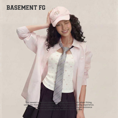 BASEMENTFG美式复古休闲百搭宽松长袖衬衫翻领上衣262070041025