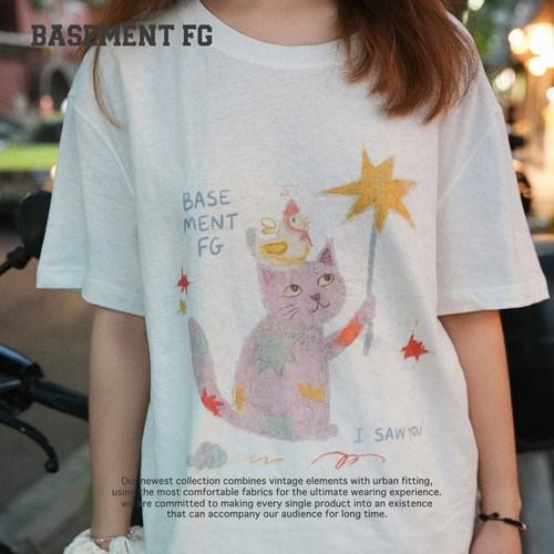 BASEMENTFG可爱卡通猫咪印花短袖T恤女白色圆领261020493005
