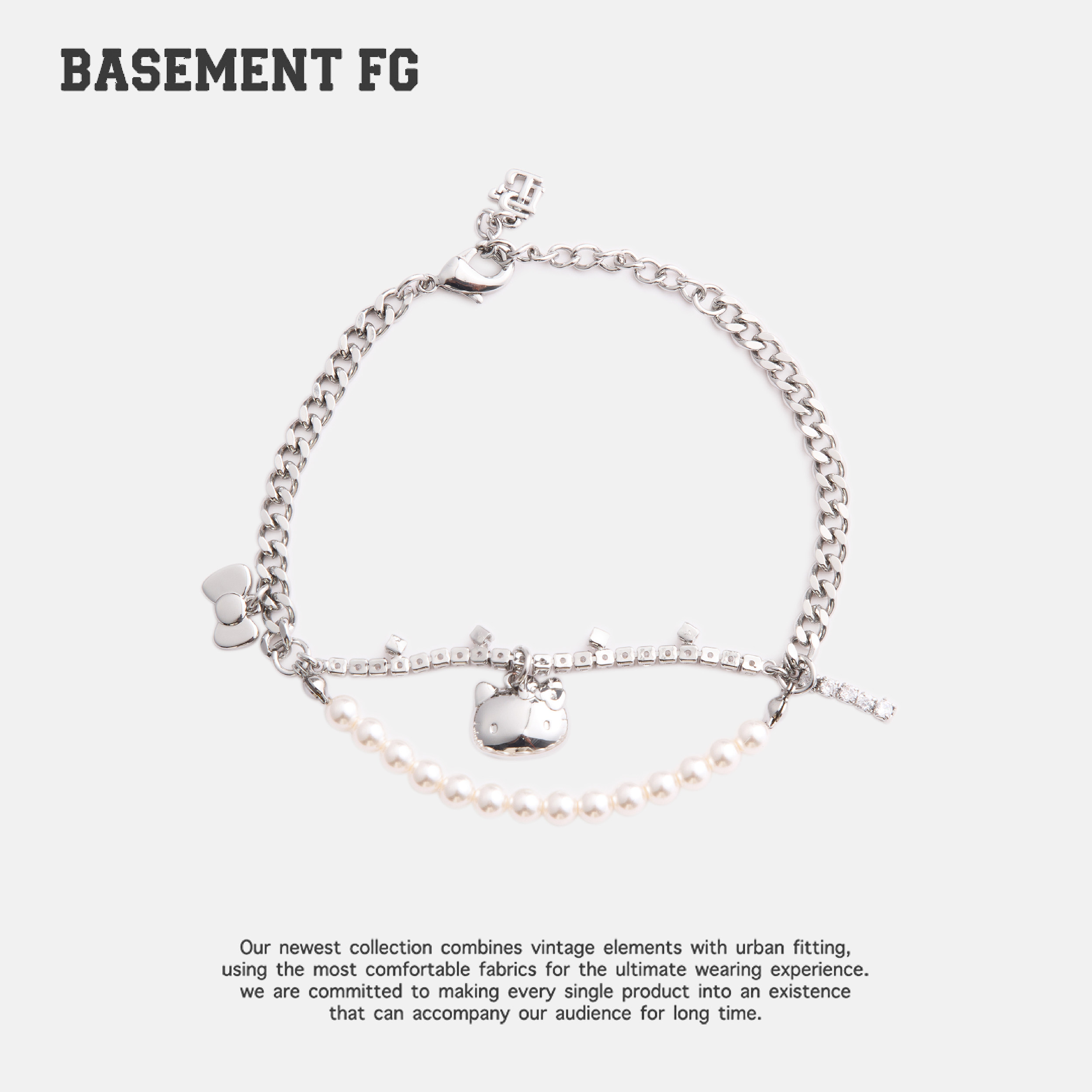BASEMENTFG复古链条珍珠双层手链女纯银小众银饰手链254170023065