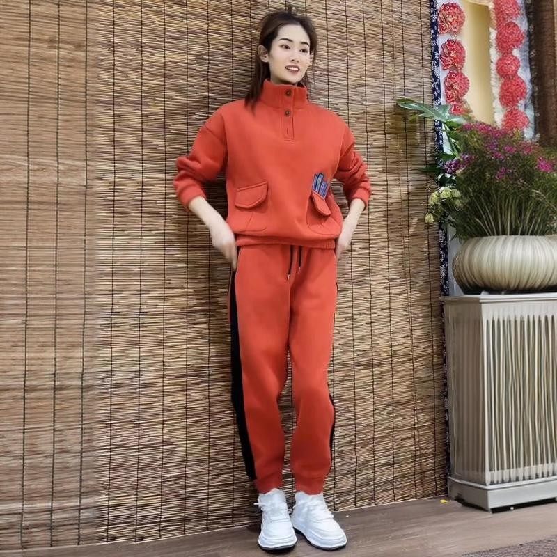 韩国加绒加厚运动套装女2025冬季新款宽松休闲高领卫衣卫裤两件套