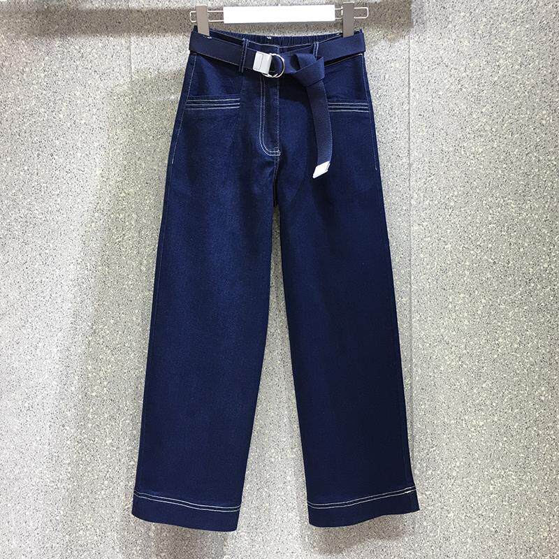 韩国深蓝色牛仔裤女2025春秋新款高腰宽松显瘦弹力直筒阔腿九分裤