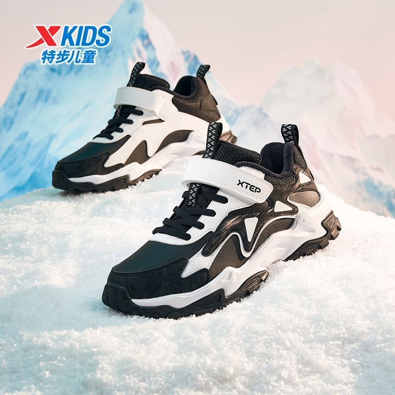 特步儿童新款运动鞋加绒加厚男童保暖耐磨防滑魔术贴棉鞋大童