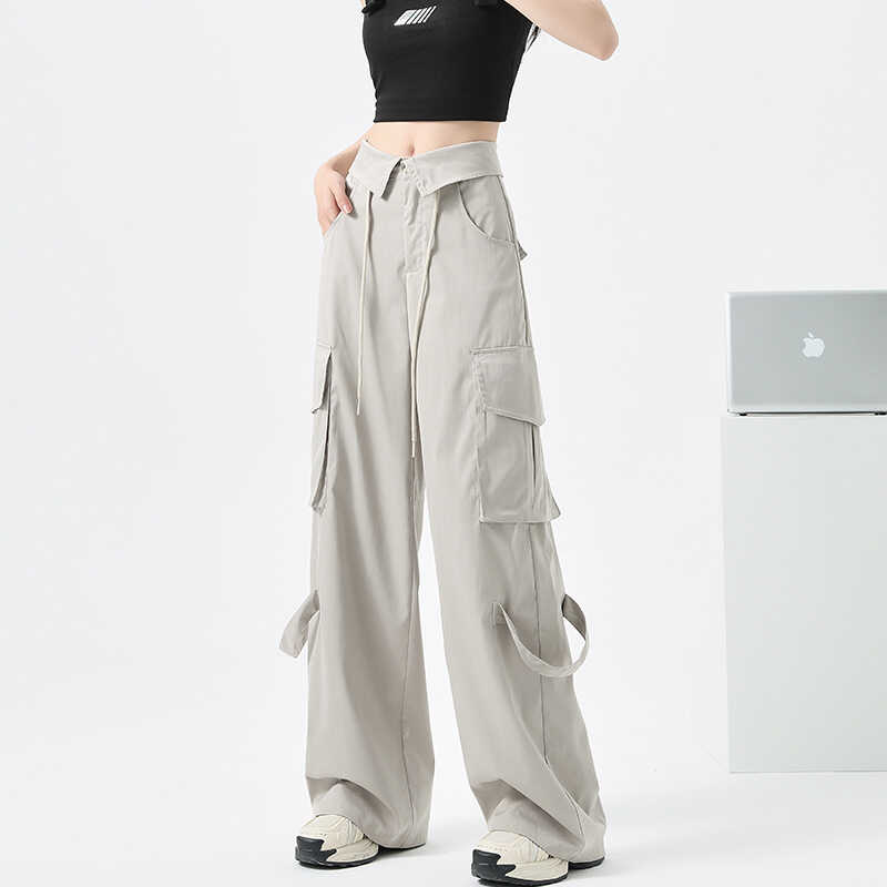 美式翻腰白色速干工装裤女2025新款复古潮流夏季薄款运动宽松长裤