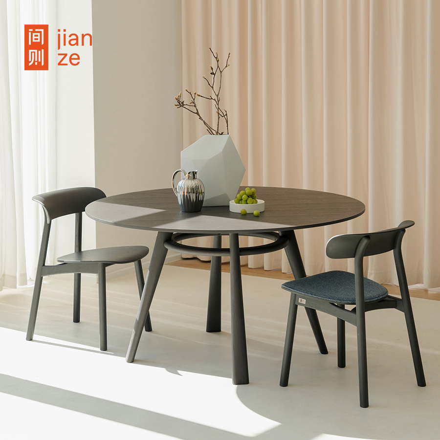 间则简约设计loft实木家用餐桌黑色浅白色奶油风极简双层转盘圆桌
