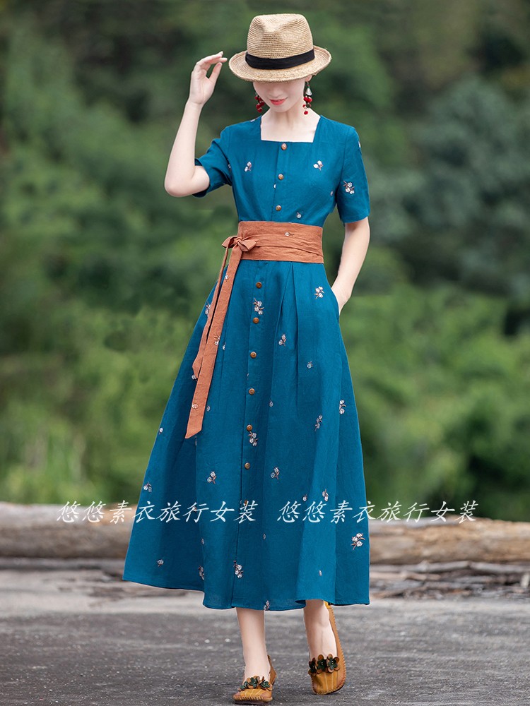悠悠旅行民族风棉麻连衣裙2023春夏新款文艺显瘦春季长裙子女装