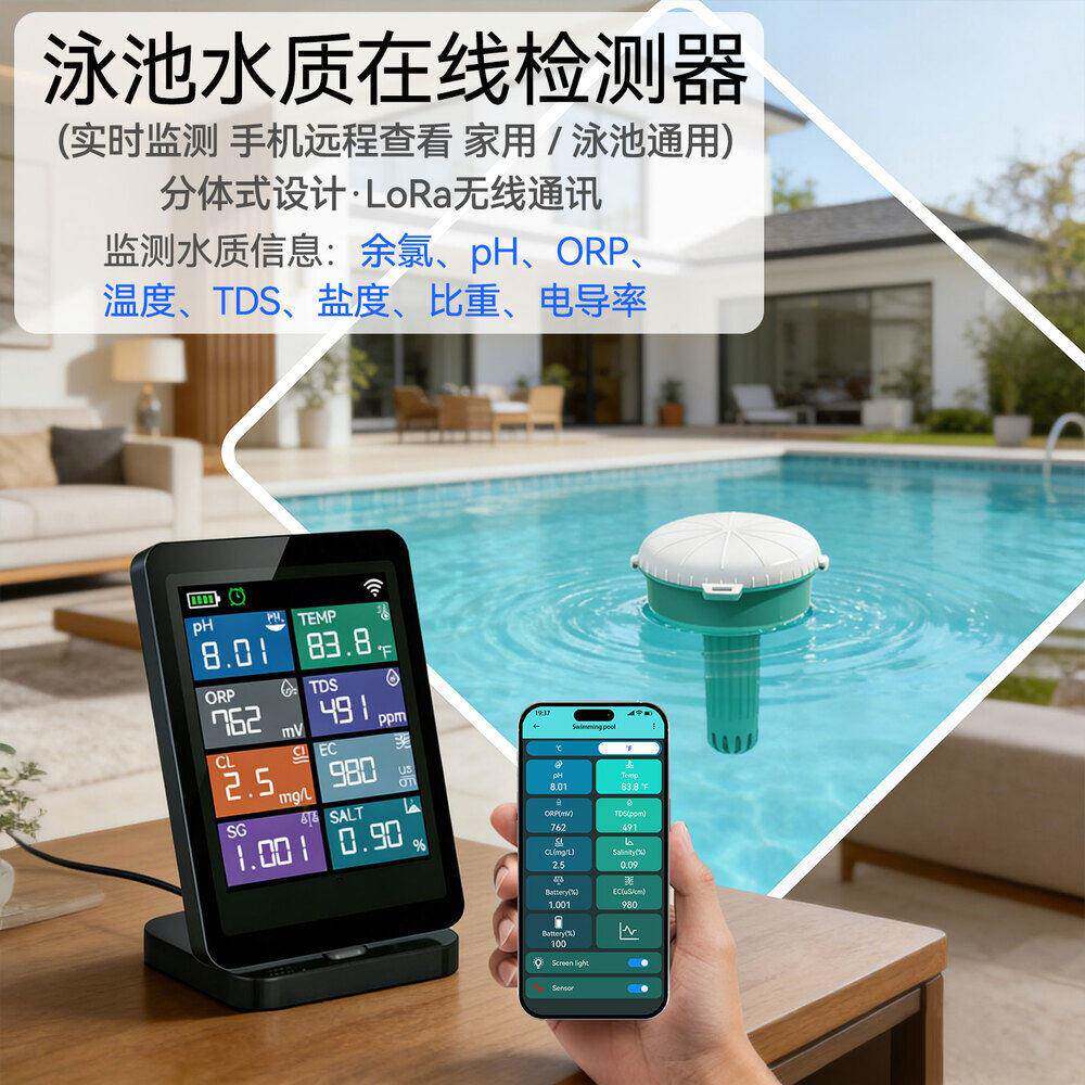 家用泳池水质检测仪分体式漂浮涂鸦APP远程监控精准测pH余氯温度