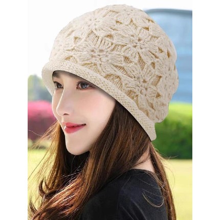 手工钩花帽子女士秋冬新款时尚保暖洋气包头堆堆帽针织编织毛线帽