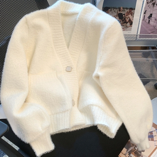 仿水貂绒针织开衫女新款韩版秋冬上衣短款小个子宽松外穿毛衣外套