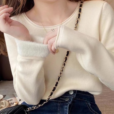 低圆领套头一体绒毛衣女新款