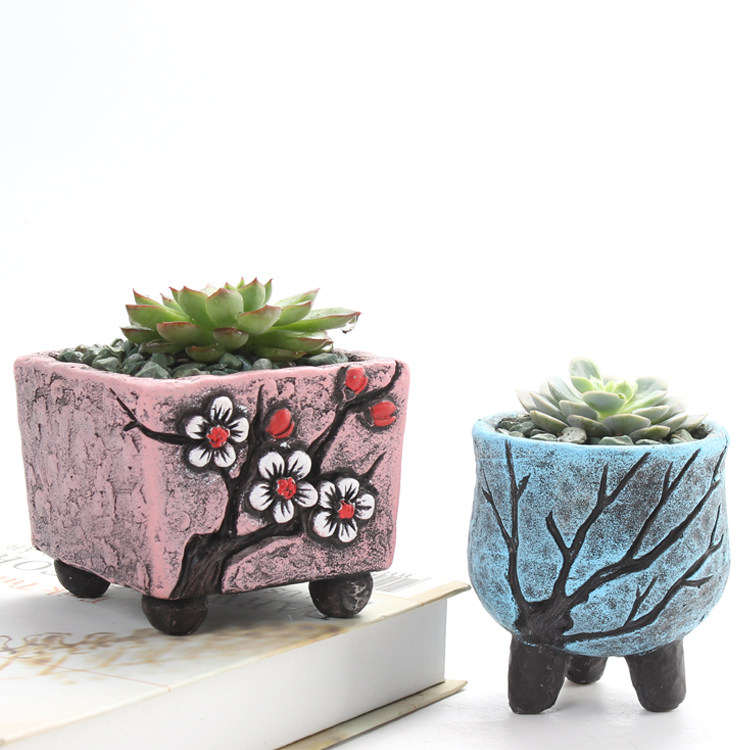 韩式手绘多肉植物花盆复古创意小号方形老桩盆方形水泥控型拇指