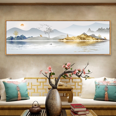 旭日东升山水挂画新中式沙发背景墙装饰画国潮客厅办公室大气壁画
