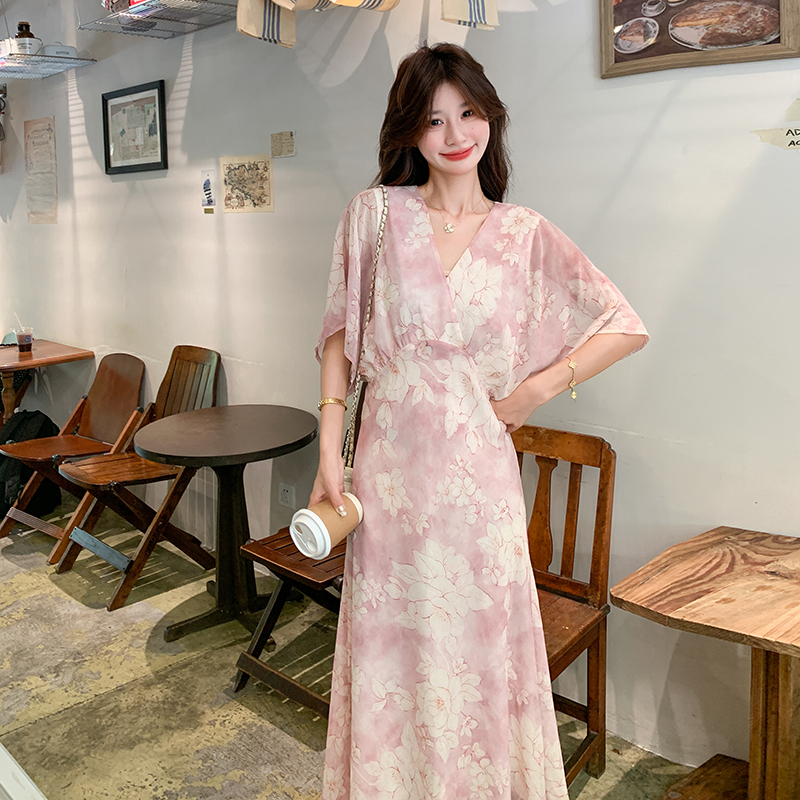2025夏季新款绝美气质V领长裙浅粉色法式温柔风御姐印花连衣裙女