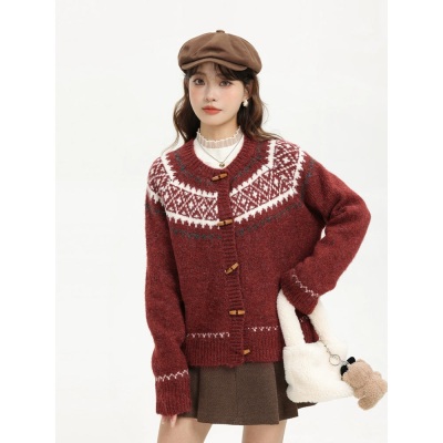 高级感复古费尔岛牛角扣圣诞红色针织开衫女秋冬季毛衣外套ins