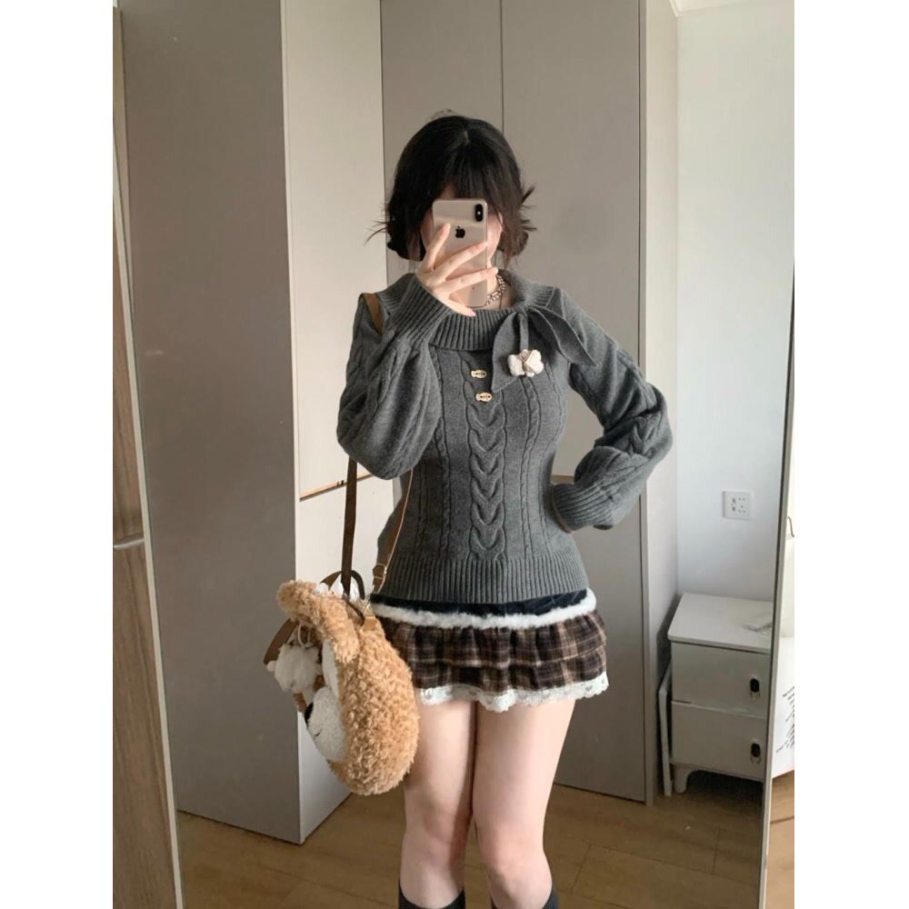 秋冬古早感兔耳领收腰灯笼袖针织衫日系学院风显瘦套头上衣女