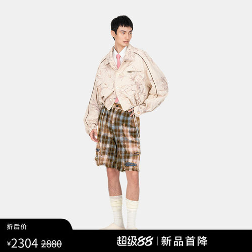 【明星同款】FengChenWang26春夏扎染褪色拼接格纹休闲短裤男女款
