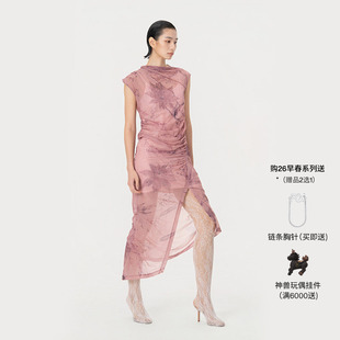 【新品】FengChenWang26早春印花褶裥剪裁连衣裙女士长裙