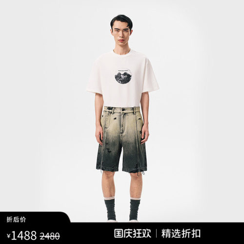 【FengChenWang】解构黑色渐变男女同款牛仔短裤