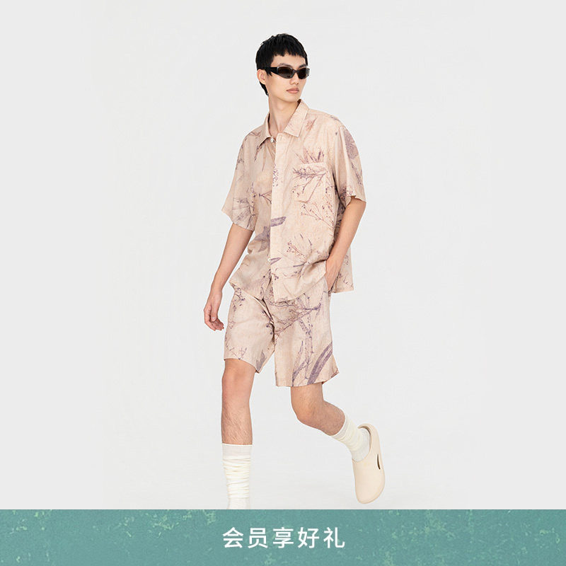 【新品】FengChenWang26早春米色竹叶印花休闲直筒短裤男女同款,男装,短裤,淘宝优惠券,粉丝福利购,淘宝优惠卷