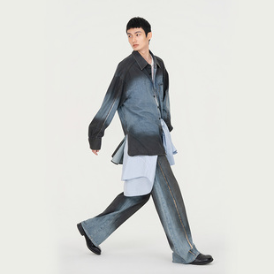 外套 FengChenWang26早春蓝黑渐变做旧牛仔衬衣夹克男女款 新品
