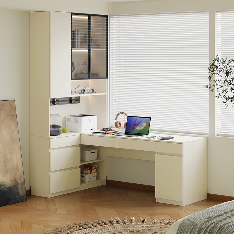 国补实木玻璃门转角书桌书架家用带书柜一体学生电脑桌台式学习桌