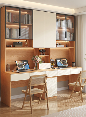 政补实木书桌书架一体桌橡木色台式电脑桌办公桌家用学生学习桌子