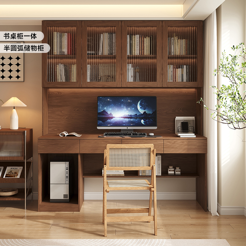国补实木书桌书架一体桌子靠墙学生家用卧室中古风电脑桌学习桌子