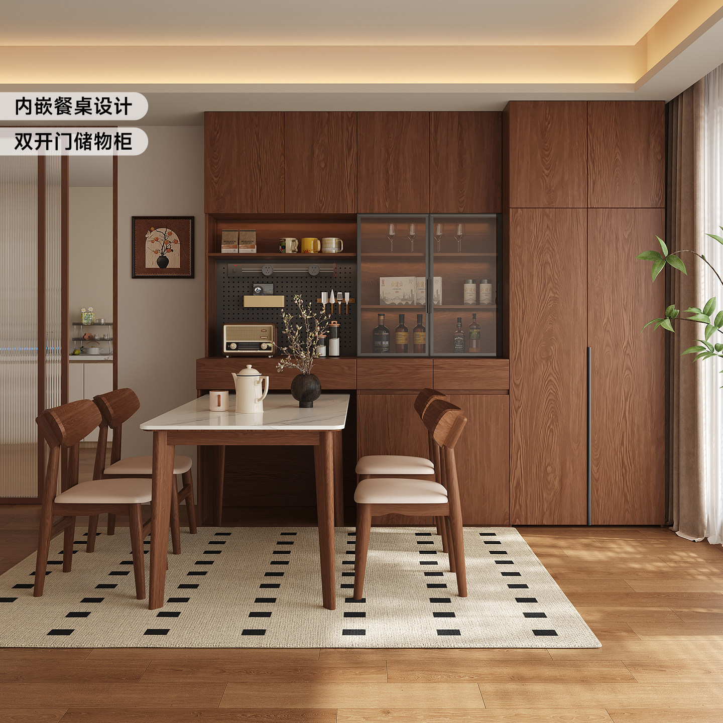 国补ENF级实木餐边柜复古风胡桃木色客厅家用收纳柜储物柜高柜子