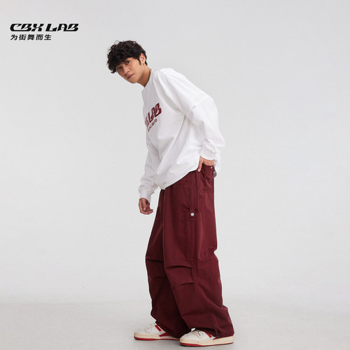 CBXLAB街舞潮牌男装酒红工装裤
