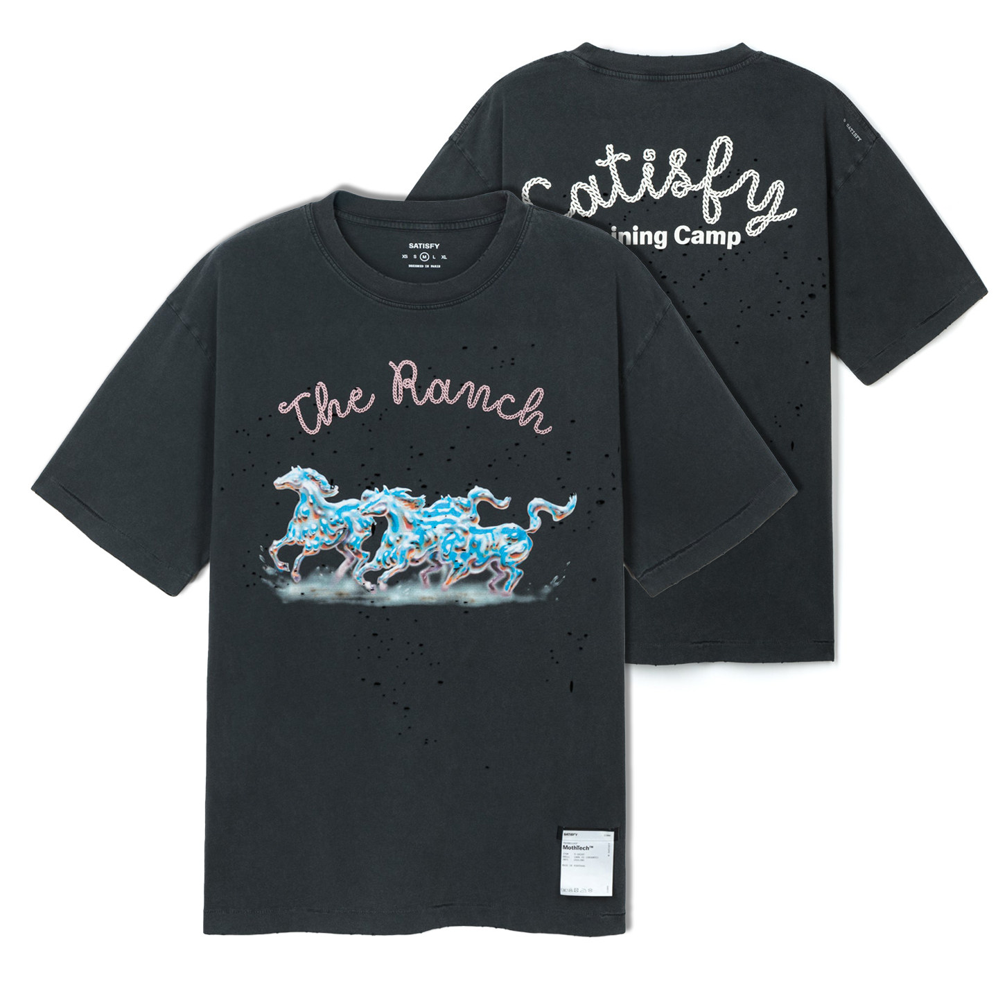 thumbnail for SATISFY meets the retro high street style short sleeve T-shirt for men 2025 new distressed ripped print crew neck TEE