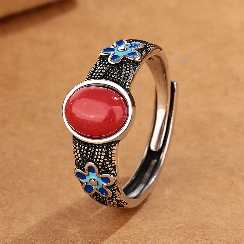 宫廷风仿南红花朵戒指女复古高级感新中式开口可调节创意食指指环