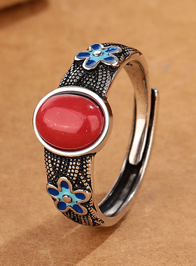 宫廷风仿南红花朵戒指女复古高级感新中式开口可调节创意食指指环