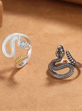 复古个性响尾蛇戒指男女做旧工艺潮流开口小众设计高级感百搭指环