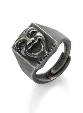 原创手工人脸面具银戒指男复古个性笑脸s925纯银食指环男士单身戒