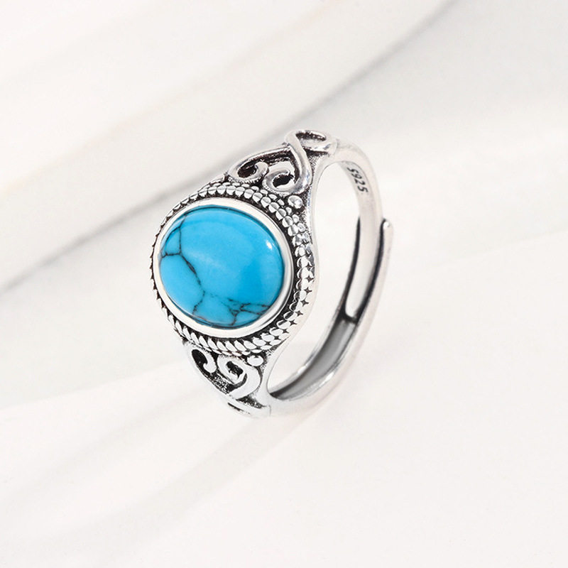 欧美复古镶嵌绿色松石戒指椭圆形镂空花纹个性小众设计高级感指环