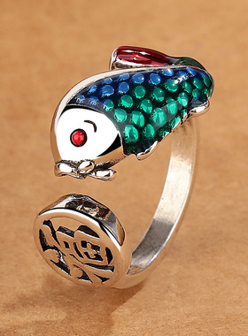 复古新款福字锦鲤戒指女国潮民族风做旧工艺个性小众设计开口指环