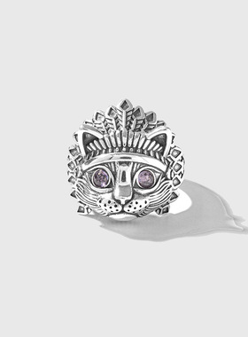 原创s925纯银酋长猫王戒指活口复古印第安猫头指环个性男女款潮流