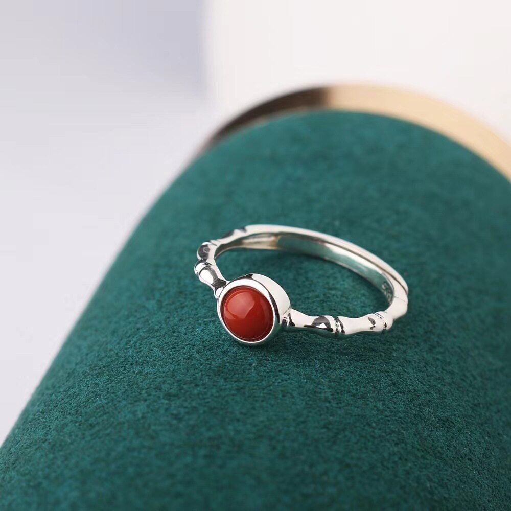 复古民族风南红竹节戒指小众设计高级感开口可调节文艺范创意指环