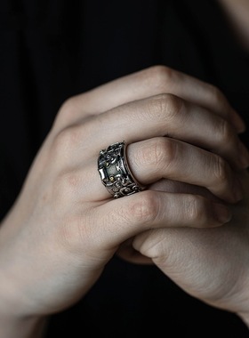 饕餮纹神兽开口复古霸气风戒指