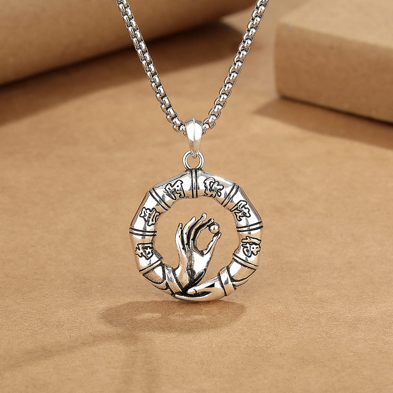 复古时尚佛手吊坠男女同款小众设计做旧工艺六字真言个性创意项链