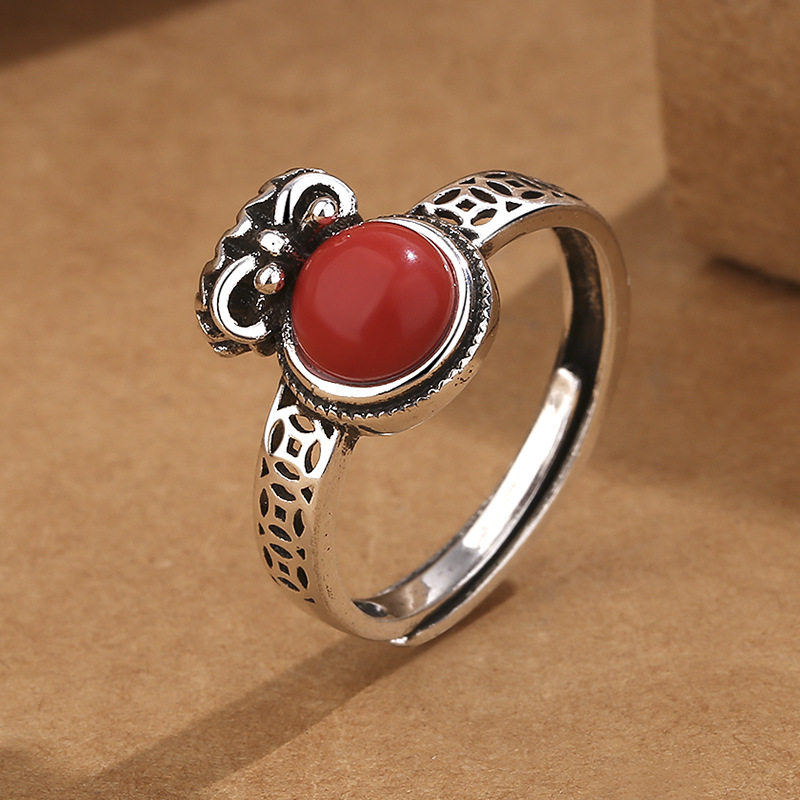 国潮风复古铜钱南红玛瑙钱袋戒指女简约做旧工艺设计钱币开口指环