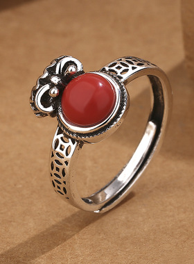 国潮风复古铜钱南红玛瑙钱袋戒指女简约做旧工艺设计钱币开口指环